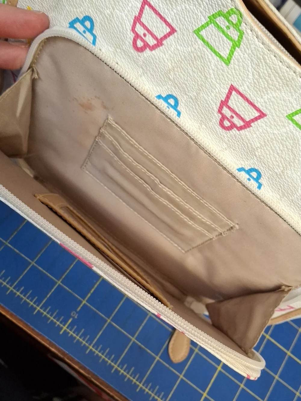 Kathy Van Zeeland Y2K Multicolor Patterned Tote Bag Tan Handles